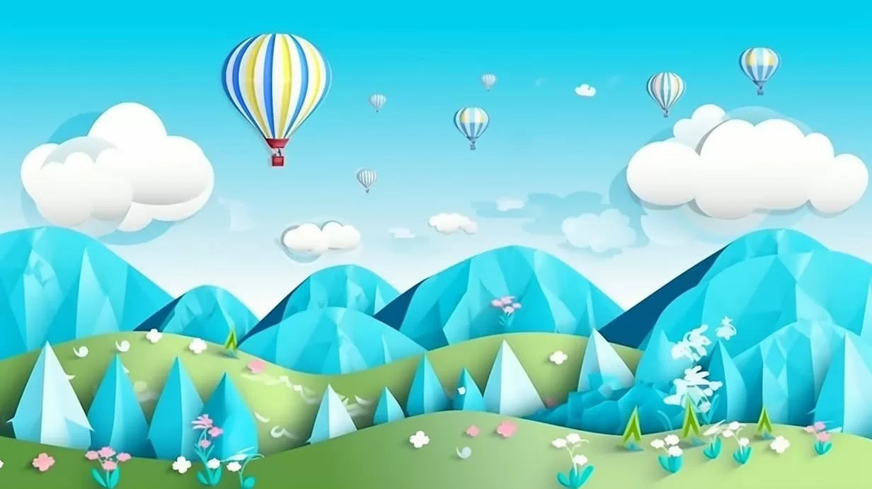 Papier‎ peint‎ enfant‎ montgolfières‎ et‎ montagnes‎ bleues