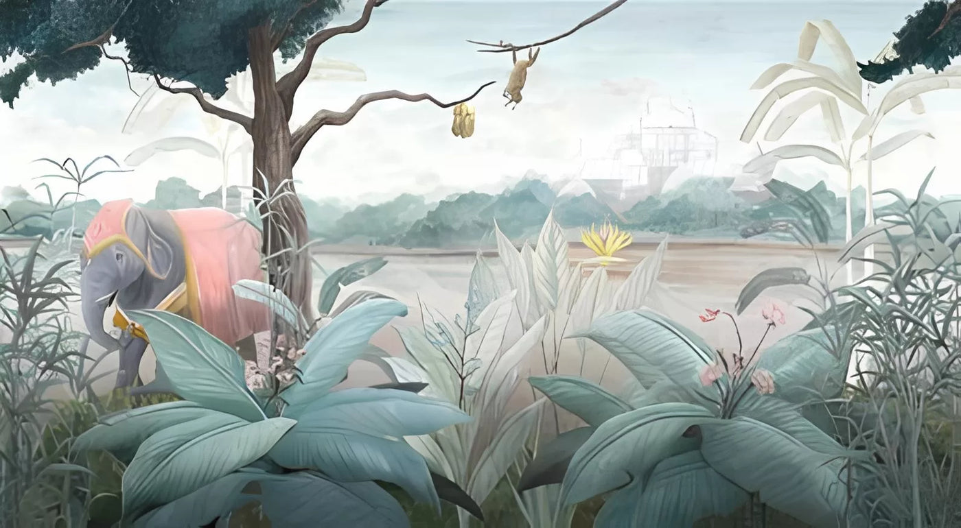 Papier‎‎ peint‎‎ forêt‎‎ tropicale‎‎ et‎‎ éléphant