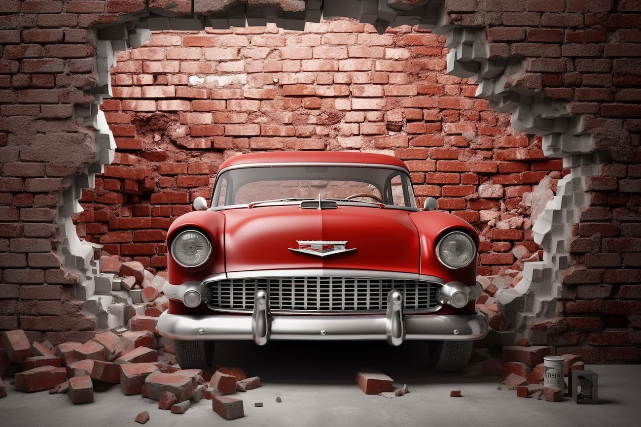 Papier peint mur de briques et voiture vintage