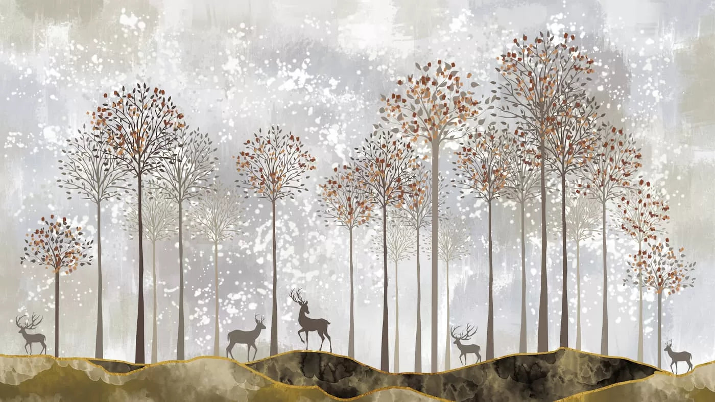 Papier peint paysage biches dans la forêt