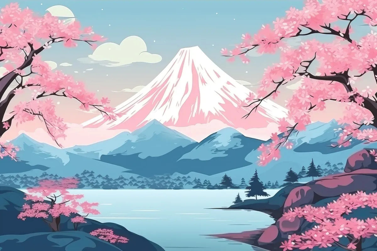 Papier peint  japonais montagne enneigée et lac