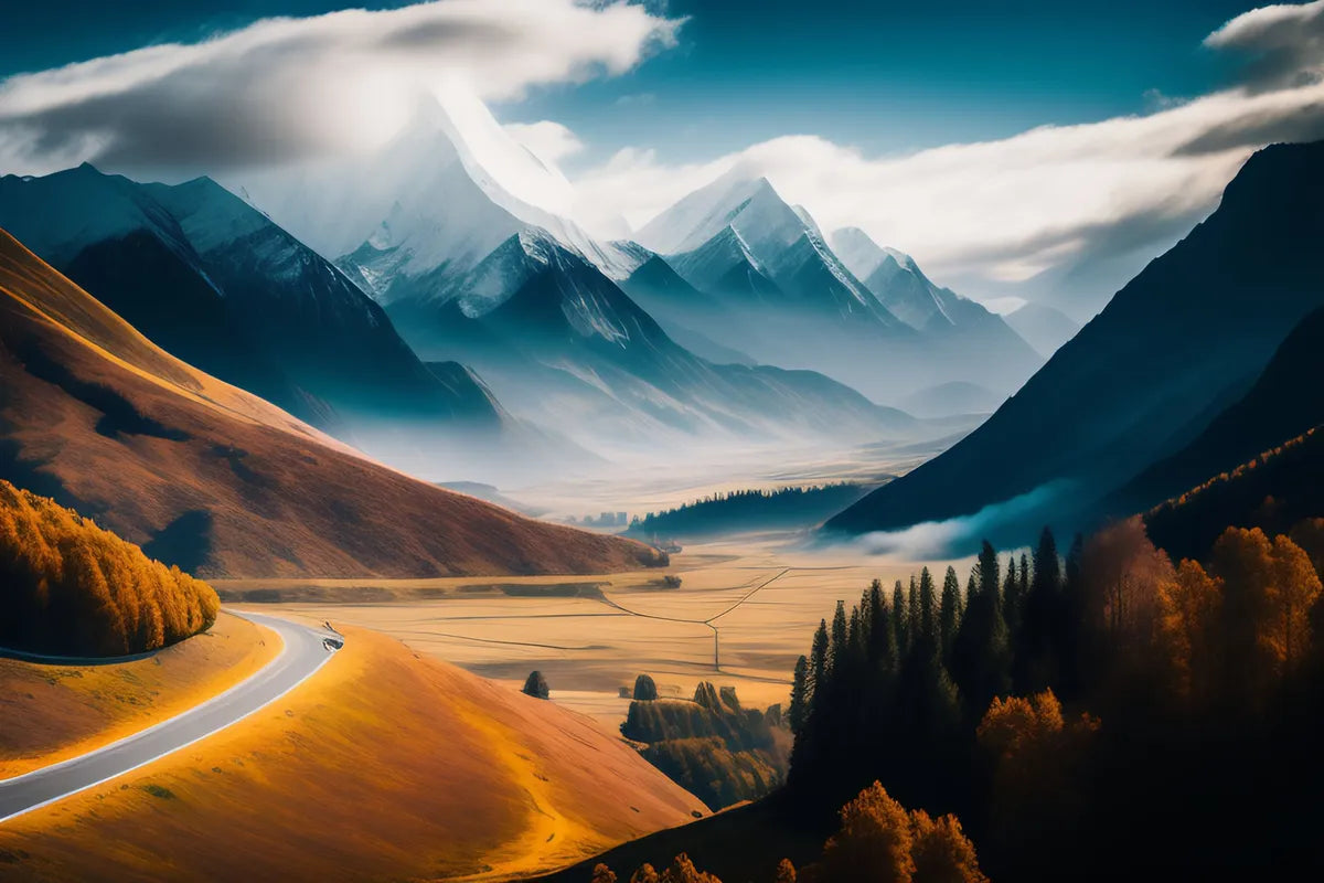 Papier peint paysage route à travers les montagnes