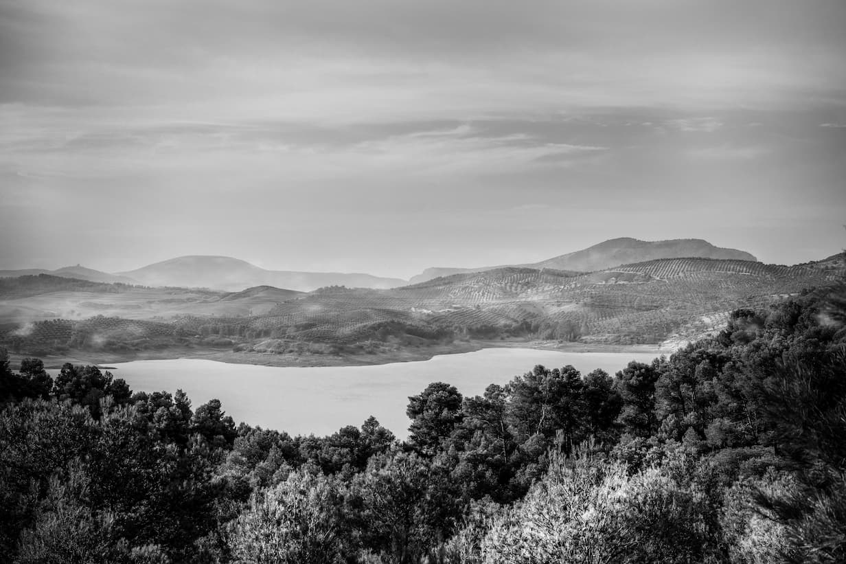 Papier‎ peint‎ paysage‎ noir‎ et‎ blanc‎ lac‎ et‎ forêts‎ de‎ montagne