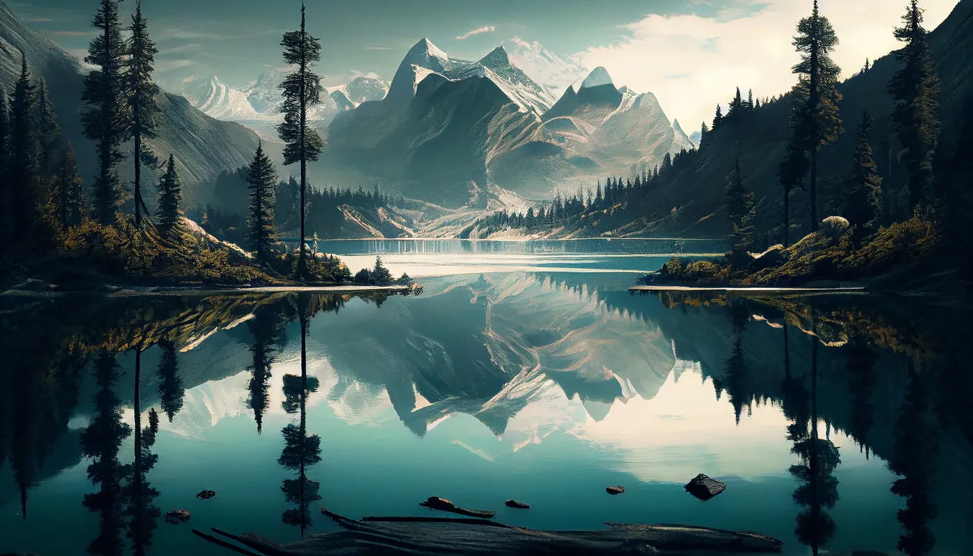 Papier peint paysage peinture lac et montagne