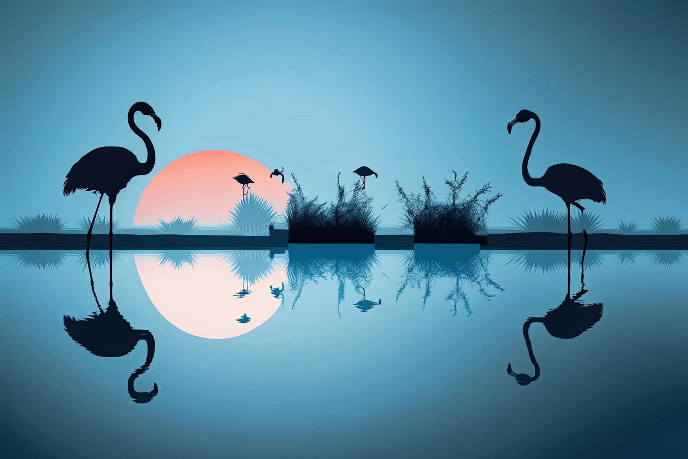 Papier peint paysage flamants bleus