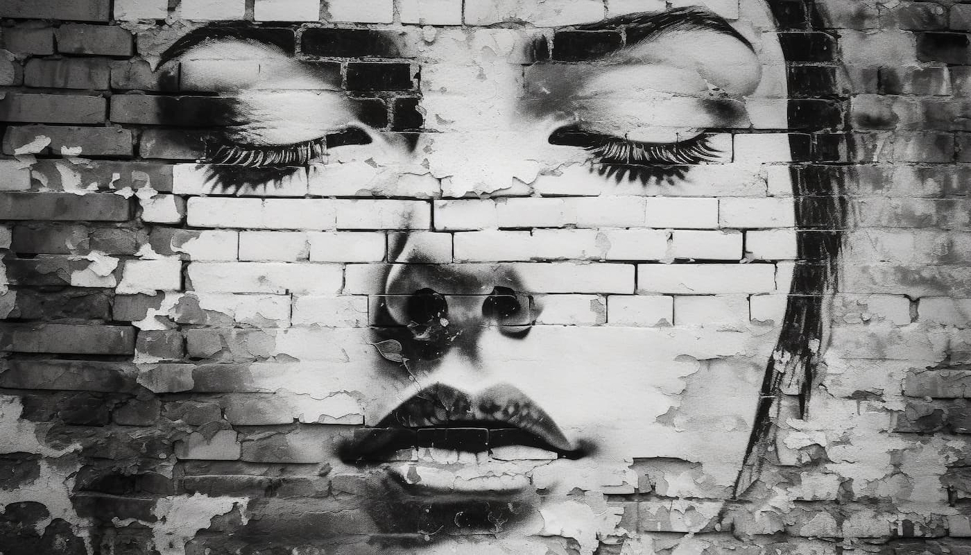 Papier peint visage graffiti sur mur de briques