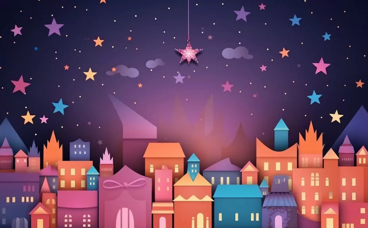 Papier peint enfant maisons colorées et ciel étoilé