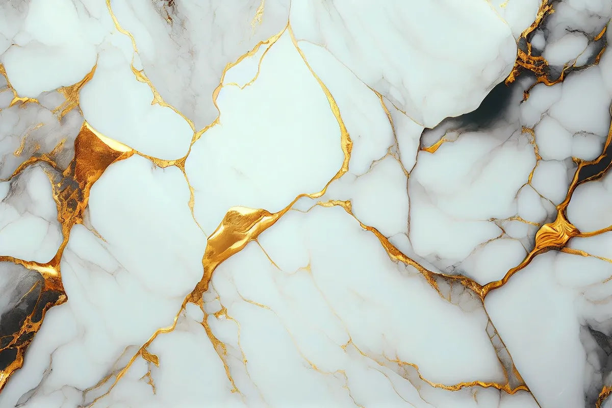 Papier peint marbre blanc et veines dorées