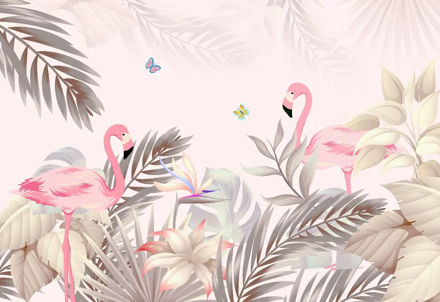Papier‎ peint‎ enfant‎ forêt‎ tropicale‎ et‎ flamants‎ roses
